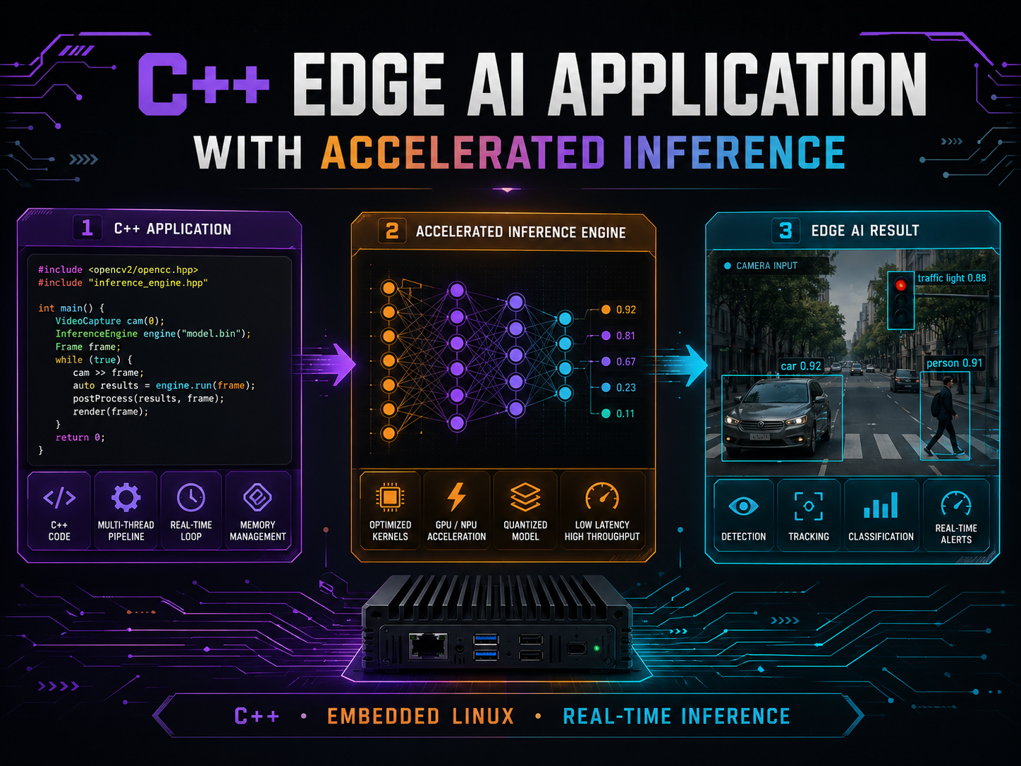 Upwork portfolio cover for a C++ edge AI application with real-time inference